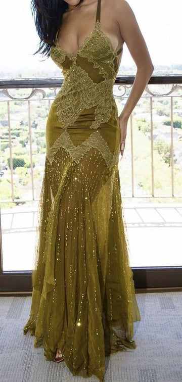Beatuy Mermaid Sequins Lace Tulle Evening Dress Long Prom Gown with Slit HZ1023